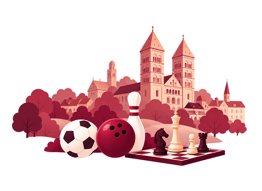 Illustration av Lunds domkyrka, fotboll, bowling och schack